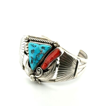 7” Apachito Navajo 925 Sterling Silver Turquoise & Red Coral Cuff Bracelet 63.2g
