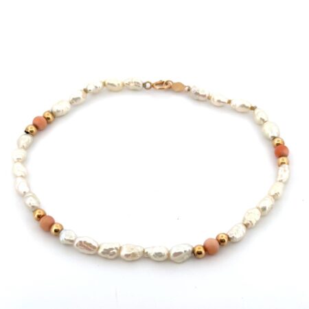 7” Vintage 14k Yellow Gold, Coral, & Pearl Beaded Bracelet 2.7g