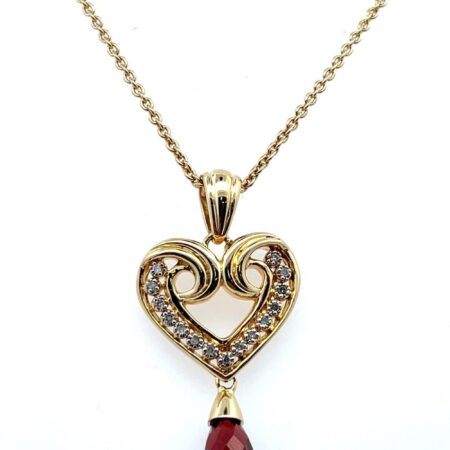 18” 925 Sterling Silver Gold Vermeil Garnet & Cubic Zirconia Heart Pendant 7.3g