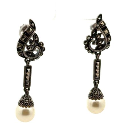 Vintage Art Deco 925 Sterling Silver, Marcasite Pearl Drop Earrings, 9.2g