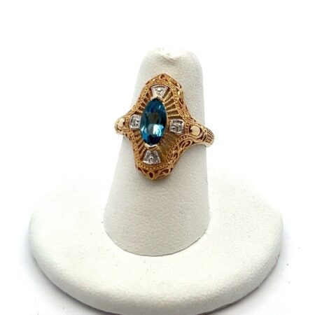 Thailand 14k Yellow Gold & Blue Marquise Topaz Filligree Ring Size: 6 (5.2g)