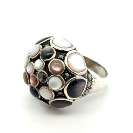 Large 925 Sterling Silver Dome Mother Of Pearl + Marcasite Ring Size 8.75 12.5g