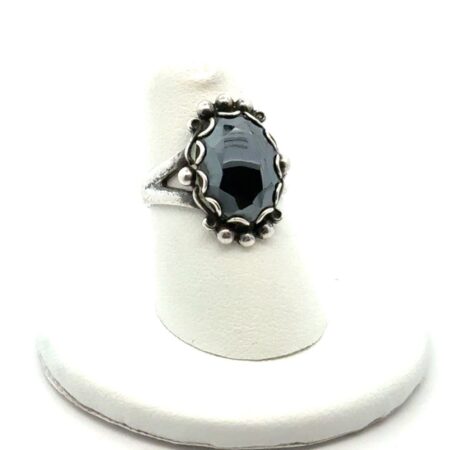 Vintage .925 Sterling Silver Oval Faceted Hematite Ring, S-6.5, 5.8g