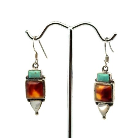 .925 Sterling Silver, Turquoise & Brown Agate, Moon Stone Dangle Earrings, 5.6g