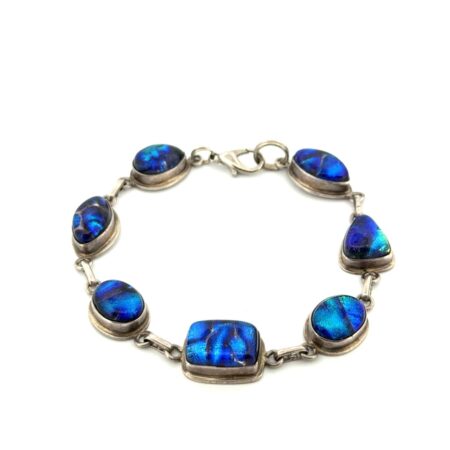 7.5” Blue Dichroic Glass 925 Sterling Silver Link Bracelet 27g