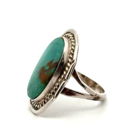 .925 Sterling Silver Green Turquoise Bezel Set Navajo Ring, Size - 6.5, 6.7g
