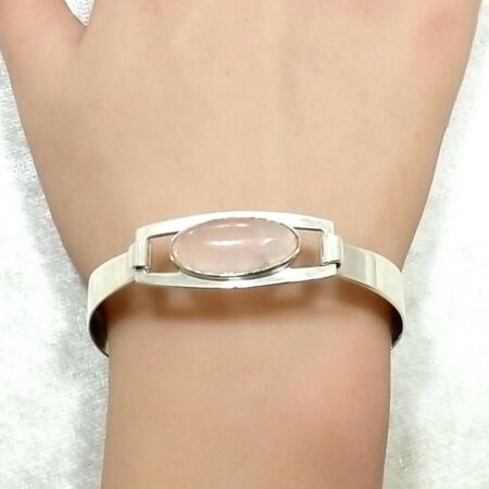 Sterling Silver Rose Quartz Oval-shaped Stone Hinged Bangle 7" Bracelet 17.7Gram
