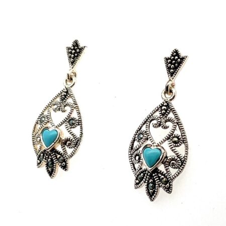 925 Sterling Silver Turquoise Heart & Marcasite Filligree Dangle Earrings 4.1g