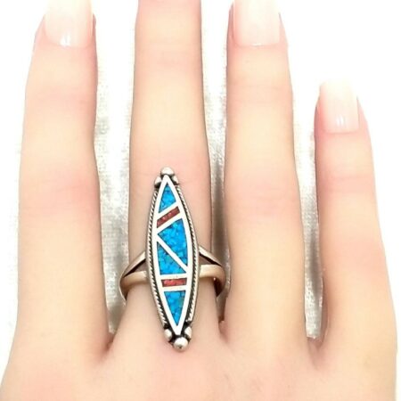 Navajo Sterling Silver Turquoise & Coral Chip Inlay Long Face Ring Size-8