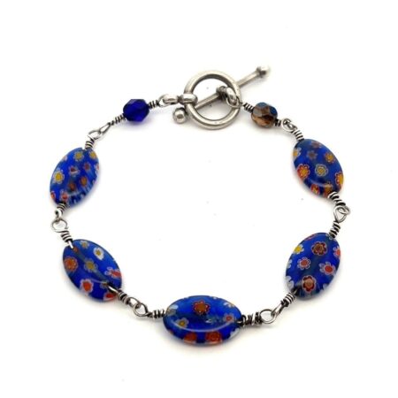 7.5” Blue Flower Glass Bead Bracelet 925 Sterling Silver Toggle Closure 10.4g