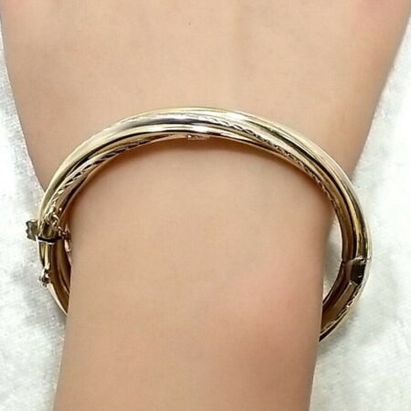 Sterling Silver Two-Tone Etched Bangle 6.5" Bracelet With Safety Chain 17.0 Gram