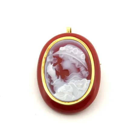 18k Yellow Gold Carved Sardonyx Portrait Brooch/Pendant 7.66g