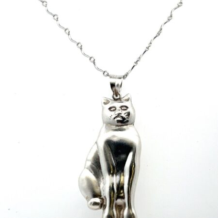 Vintage 18” Wave Chain Necklace w/ 925 Sterling Silver Puffed Cat Pendant 9.2g