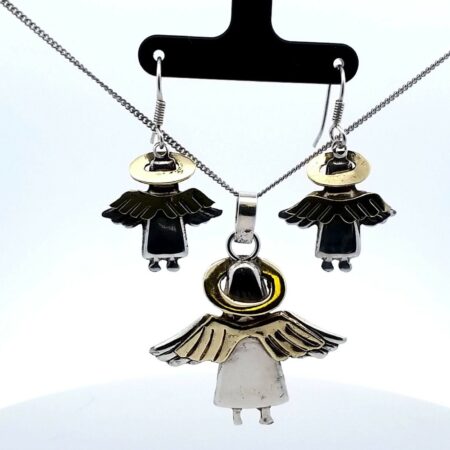 Taxco Mexico 925 Sterling Angel Pendant & Earrings Set 20" Chain 16.1 Grams