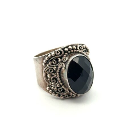 Vintage Suarti BA .925 Sterling Silver Silver Faceted Black Onyx, S-8.5, 12.2g