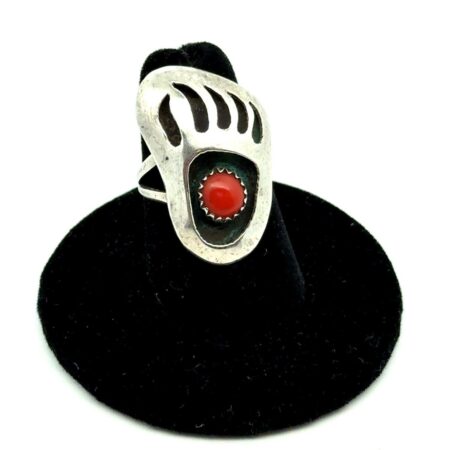 Vintage Navajo 925 Sterling Silver Coral Ring w/Bearclaw Design, Size - 5.5 3.6g