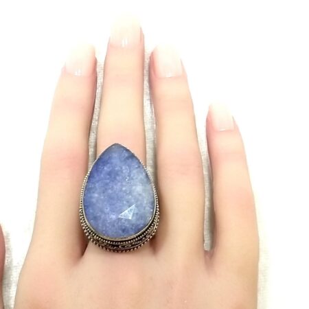Sterling Silver Druzy Aquamarine Large Teardrop Ring 17.0 Grams Size-7.5