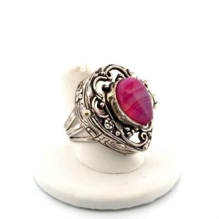 Size: 8 Vintage 925 Sterling Silver Pink Banded Agate Pill Box/Locket Ring 17.3g