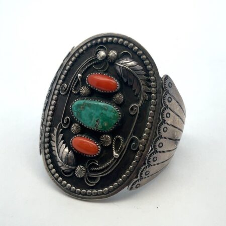 Martin Musket Large 925 SS Turquoise and Coral Navajo Cuff Bracelet 6 Inch Wrist