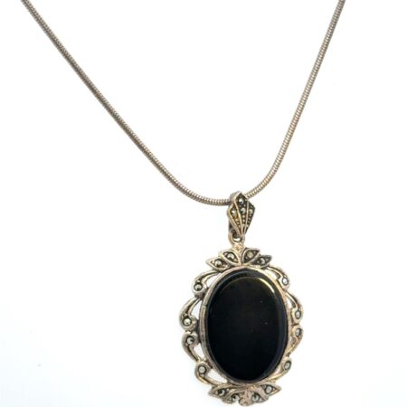 18” x 1.22mm .925 Sterling Silver Onyx & Marcasite Pendant Necklace 9.9g