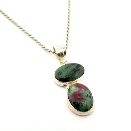 24” - 925 Sterling Silver Ruby Zoisite Pendant Rope Chain Necklace 31.3g