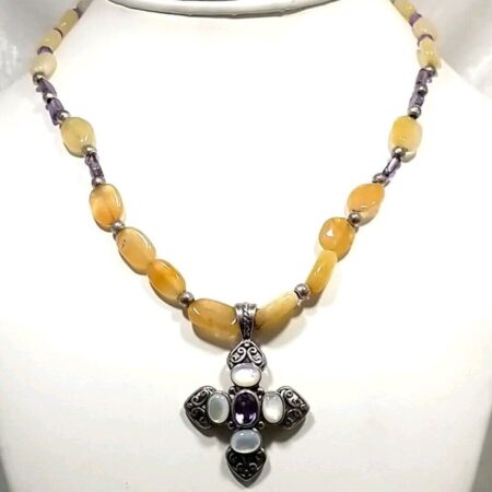 Sterling Silver Fire Opal & Amethyst Bead 16" Necklace w/ MOP Cross Pendant