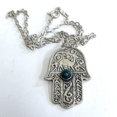 925 Sterling Silver Hamsha Hand with Round Malachite Pendant 18” Necklace 8.6 Gr