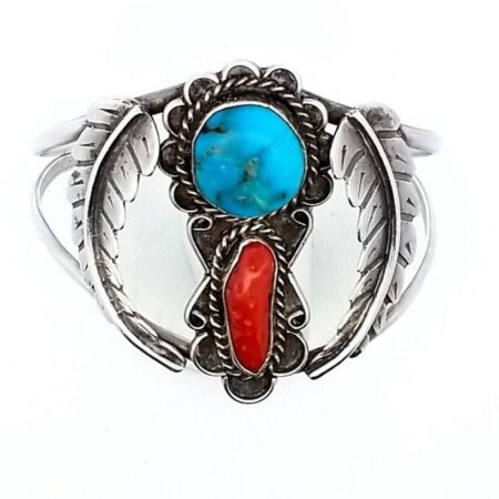 Vintage Coral & Turquiose Sterling Silver Navajo Cuff Bracelet 25.5 Grams