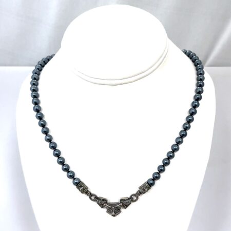 18” Vintage Judith Jack 925 Sterling Art Deco Marcasite Faux Pearl Necklace