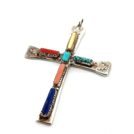 Vintage 925 Sterling Silver Zuni Native Lupe Iule Multi-Stone Cross Pendant 12g