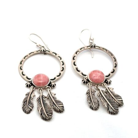 Artisan BBJ 925 Sterling Silver Rhodocrosite Feather Dangle SW Earrings 10.4g