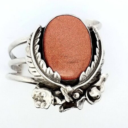 Large Silver Cuff Bracelet With Goldstone Cabochon Leaf Design 70.7 Grams