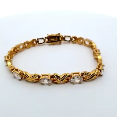 Sterling Gold Vermeil Oval Cz w/ X Links 7.5" Bracelet Double Safety Clasp 15.7G