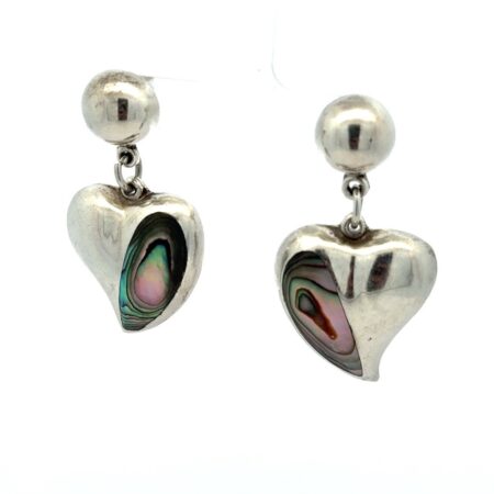 Taxco 925 Sterling Silver Abalone Silver Inlay Heart Dangle Earrings, 18.8g