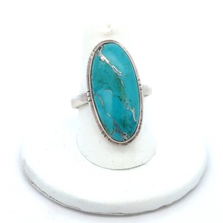 .925 Sterling Silver Oblong Turquoise Southwestern Ring, Size-8, 6.7g