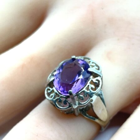 Vintage Sterling Silver Oval Solitaire Amethyst Ring, Est. 3 Carat- Size 5