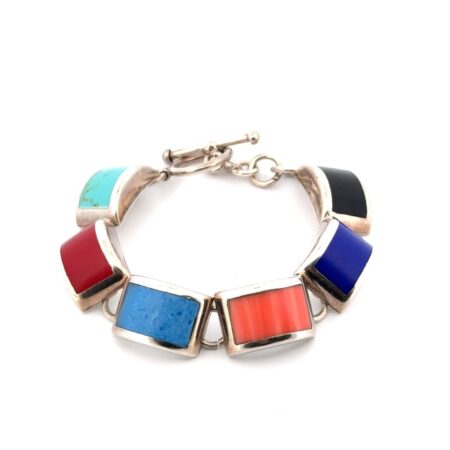 7.5” Vintage Mexico 925 Sterling Silver Multi-Stone Link Toggle Bracelet 57g