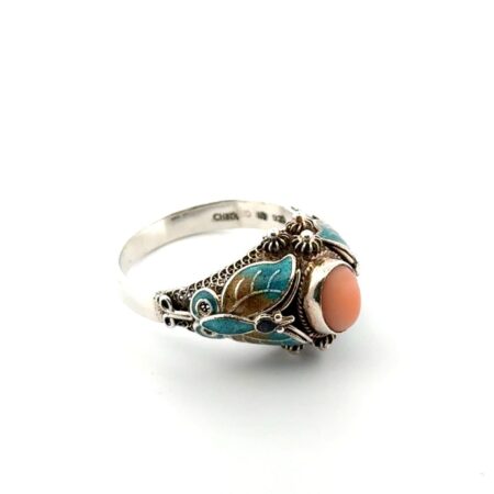 Size: 11 Pink Coral & Butterfly Enamel 925 Sterling Silver Filigree Ring 5.8g