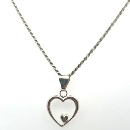 Italian 925 Sterling Silver Heart in Heart Pendant on 18” 2mm Thick Rope Chain