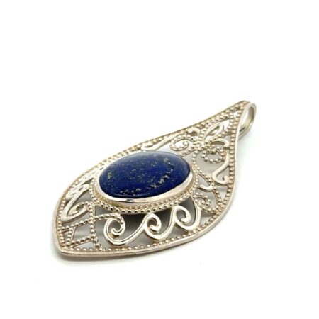 .925 Sterling Silver Filigree Lapis Lazuli Oval Stone Statement Pendant, 17.1g