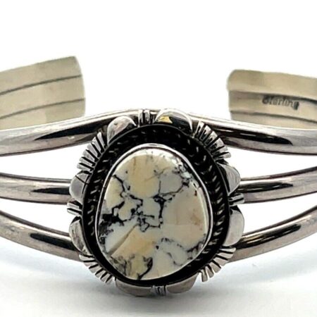 Larry Moses Yazzie White Turquoise Sterling Silver 6” Cuff Bracelet 24.3 Grams