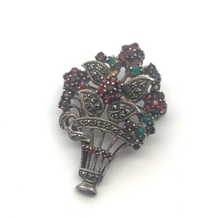 925 Sterling Silver Flowers Garnet, Green Onyx, and Marcasite Pin/Brooch/Pendant