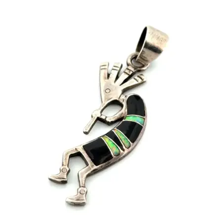 Navajo Native American Onyx & Opal Kokopelli Pendant 925 Sterling Silver 7.2g