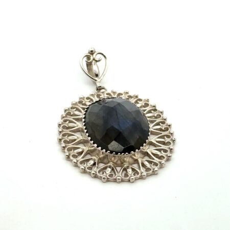 .925 Sterling Silver, Faceted Oval Labradorite Pendant Signed PTI Nepal, 11.9g
