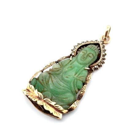 Vintage 18k Yellow Gold Carved Jade & Diamond Guan Yin Pendant 8.7g