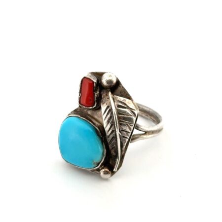 Size: 6 Native American 925 Sterling Silver Turquoise & Coral Ring 4.7g