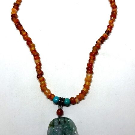 Sterling .925, Carnelian & Turquoise bead Necklace w/ Carved Jade Pendant- 56.9G