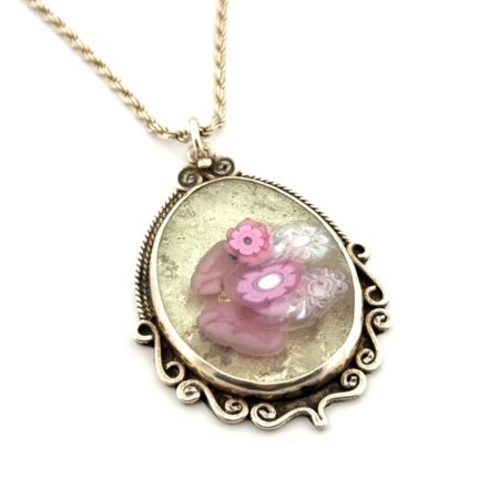 18” - 925 Sterling Silver Glass Art Mosaic Flower Pendant Rope Chain Necklace