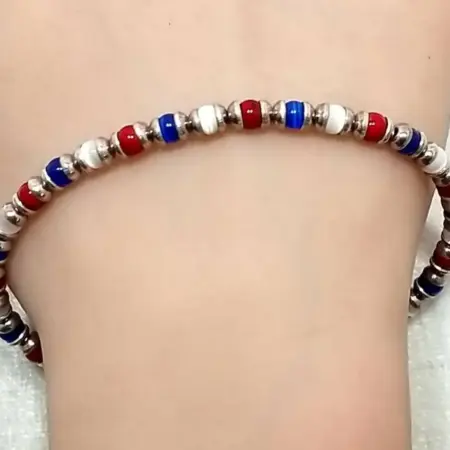 925 Sterling Silver Red, White & Blue Cats Eyes Bead 8" Bracelet 12.7 Grams