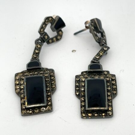 Vintage 925 Sterling Silver Art Deco Onyx Marcasite Dangle Earrings  - 9.5g